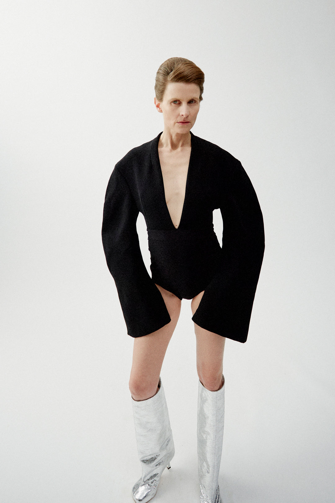 Rounded Sleeve Deep V-Neck Bodysuit Black