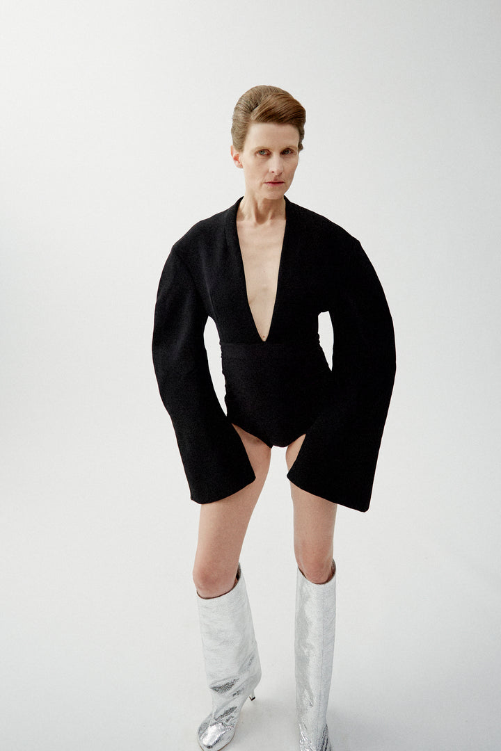 Rounded Sleeve Deep V-Neck Bodysuit Black