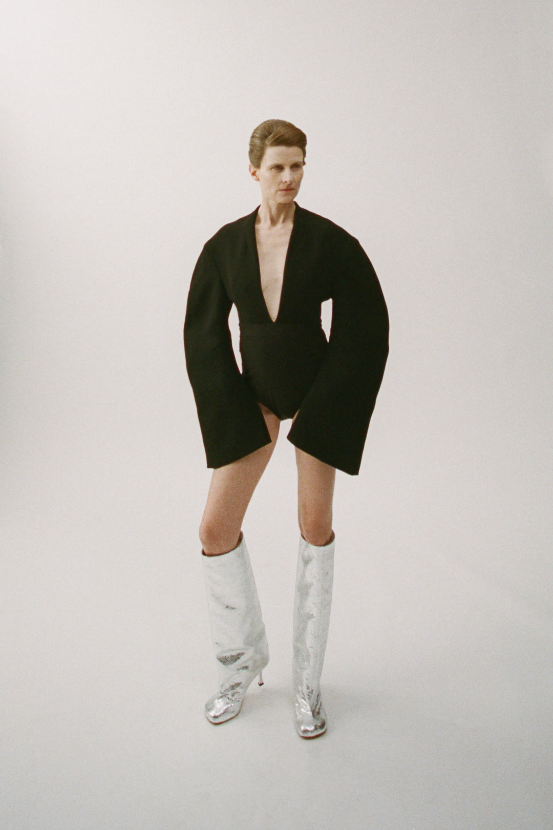 Rounded Sleeve Deep V-Neck Bodysuit Black