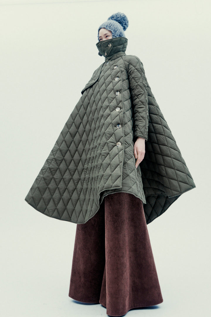 Long Quilted Trench Dark Khaki Green