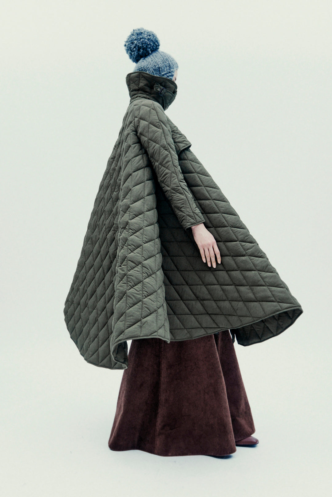 Long Quilted Trench Dark Khaki Green