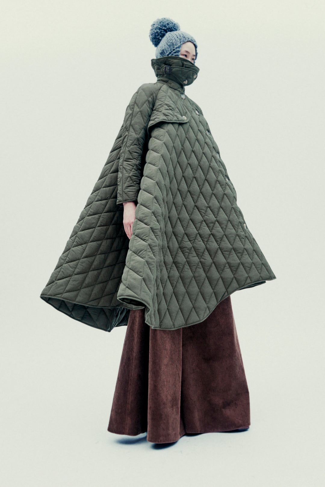 Long Quilted Trench Dark Khaki Green
