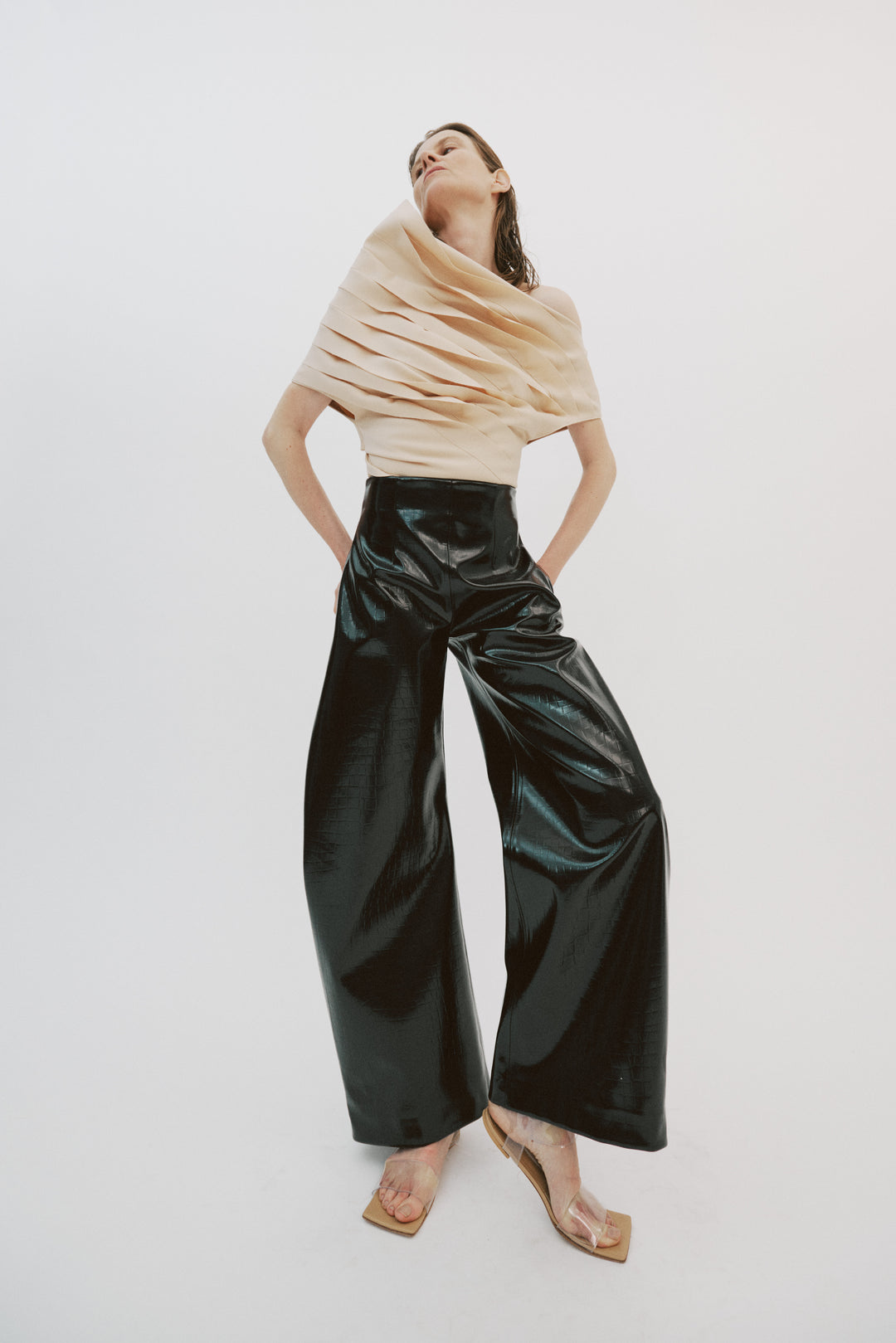 Faux Croc Rounded Trousers Black