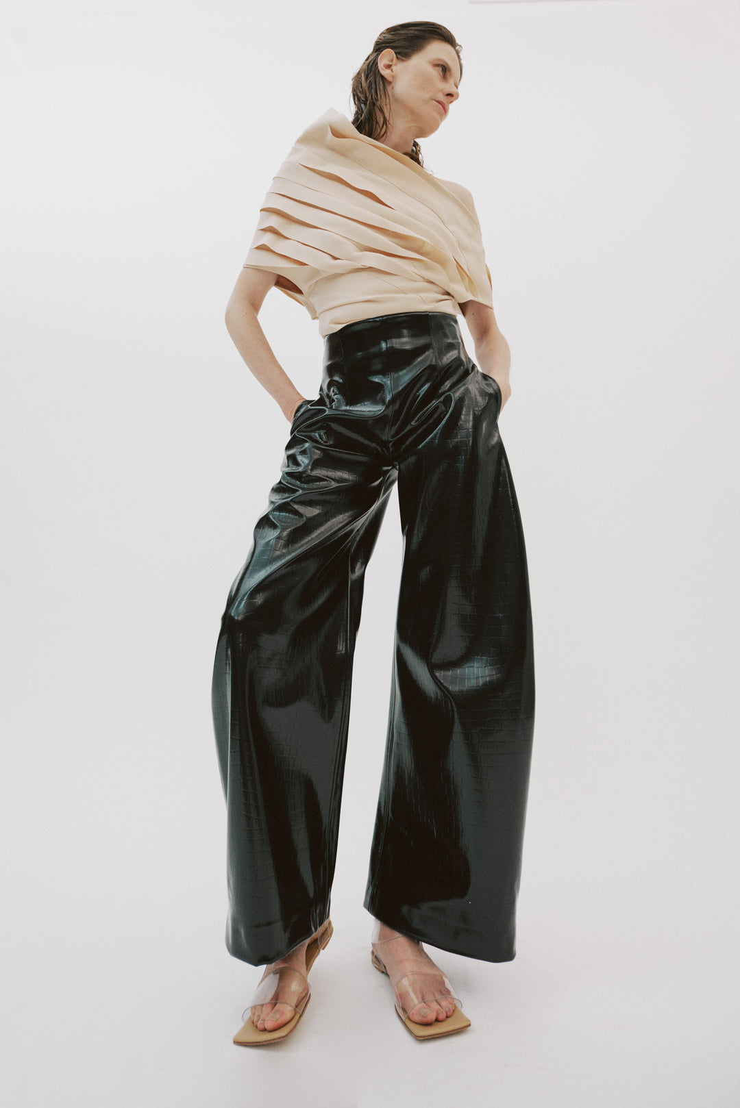 Faux Croc Rounded Trousers Black