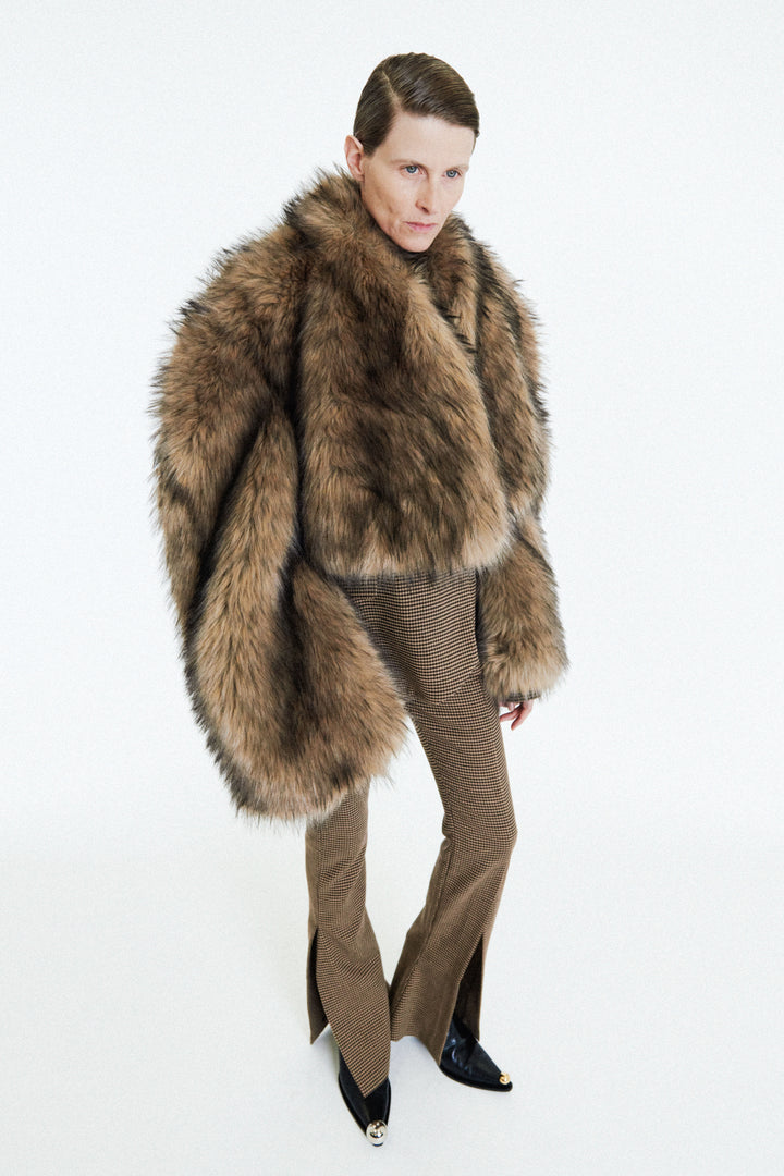 Rounded Sleeve Cropped Faux Fur Jacket Brown