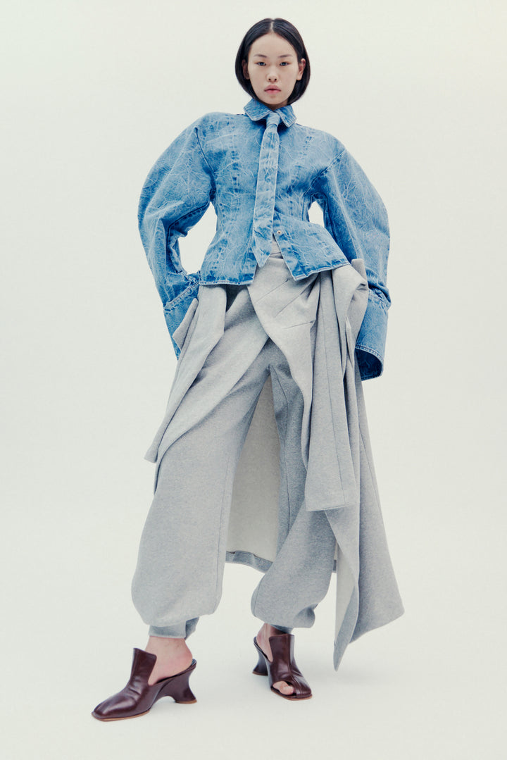 Acid Wash Denim Puff Sleeve Shirt Indigo Acid Wash