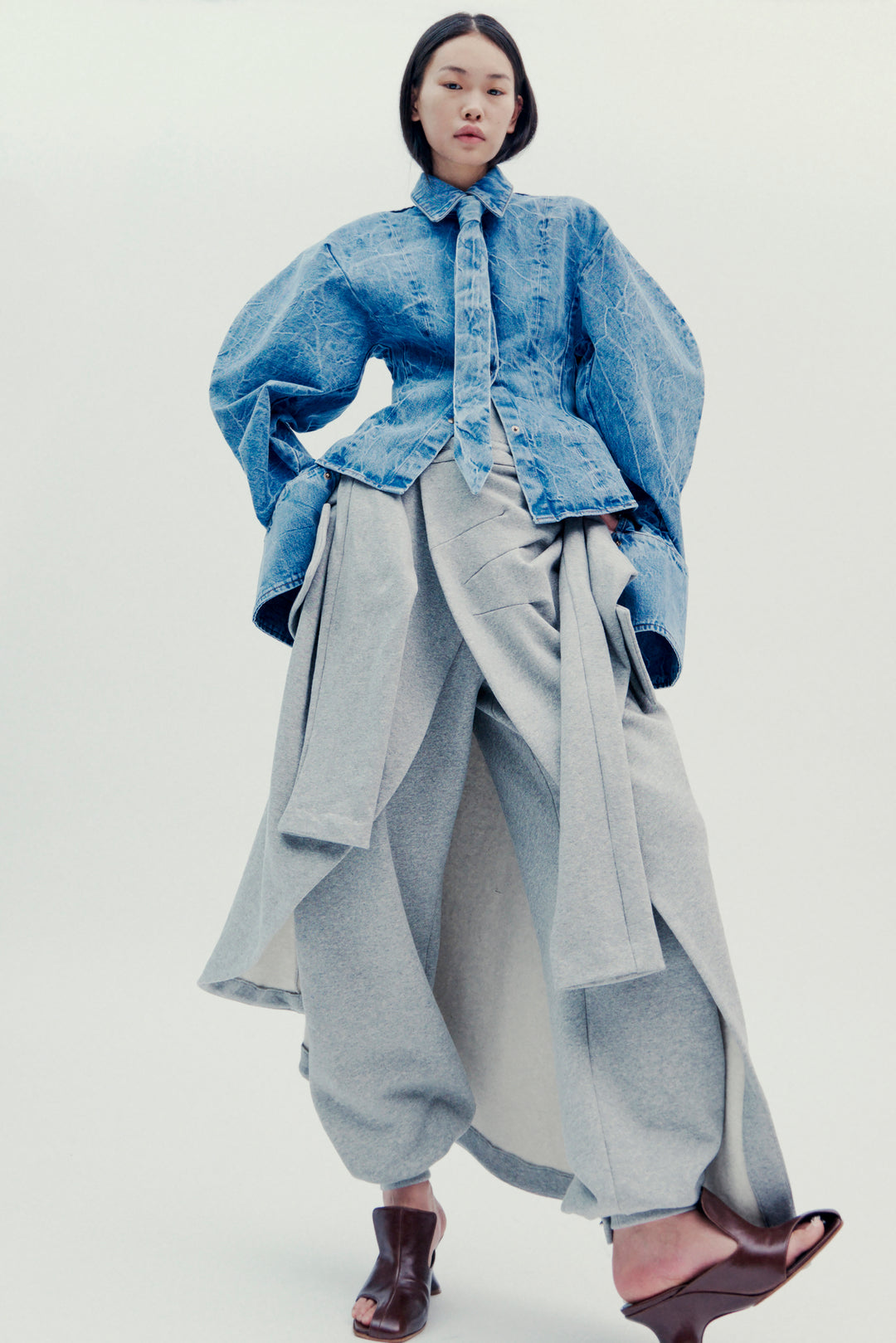 Acid Wash Denim Puff Sleeve Shirt Indigo Acid Wash