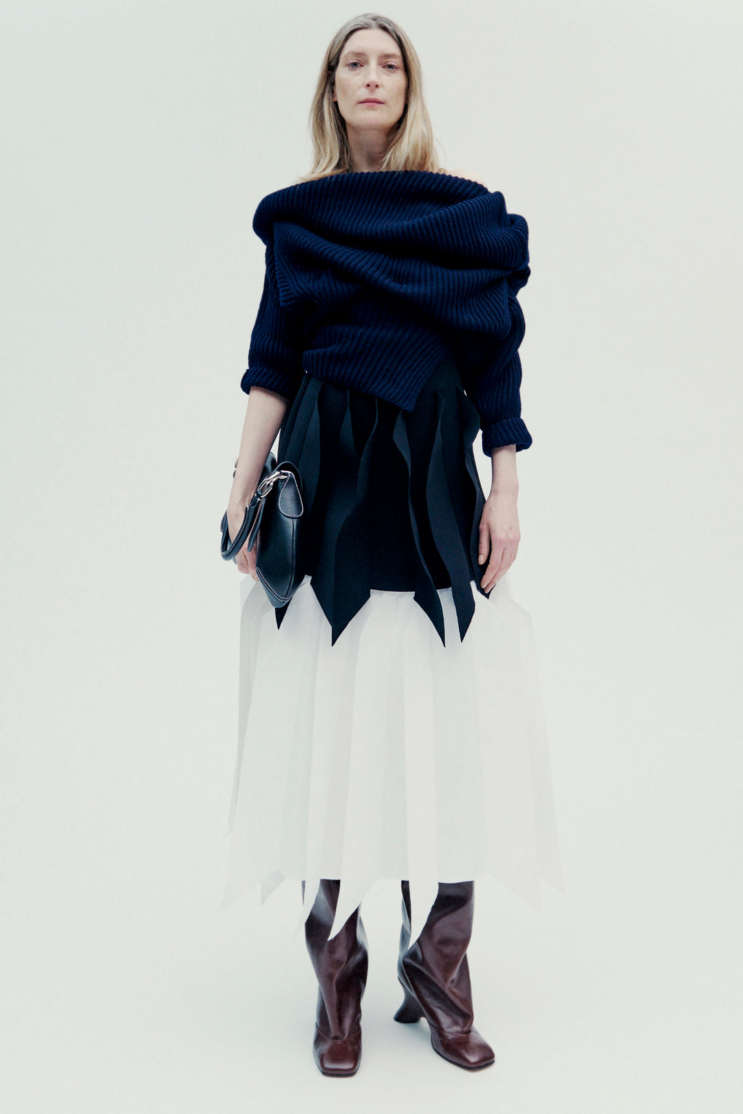 Off Shoulder Ribbed Sweater Navy