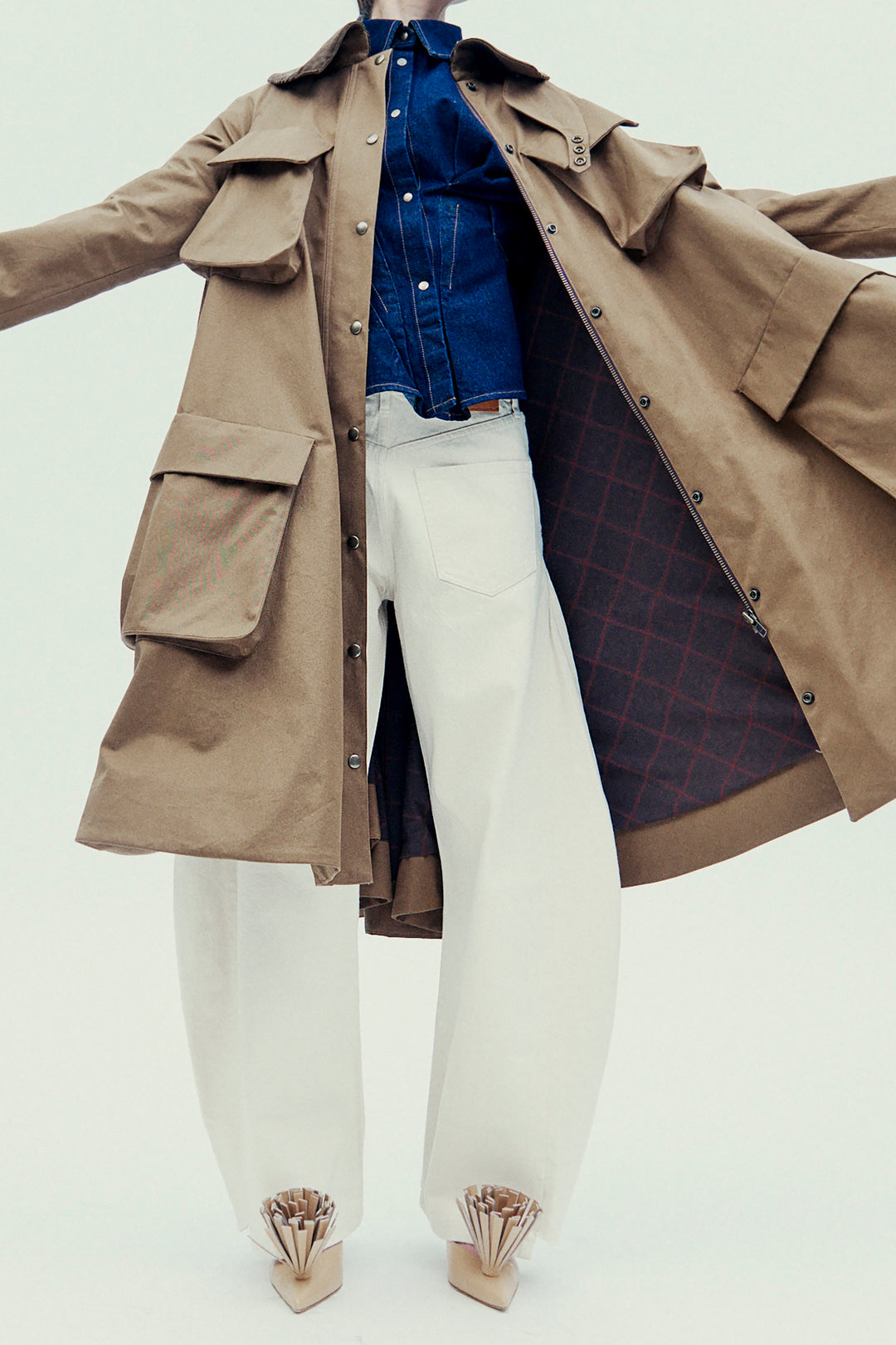 Long Flared Trench With Pockets Khaki Brown