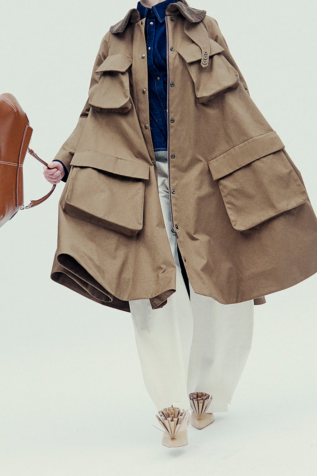 Long Flared Trench With Pockets Khaki Brown