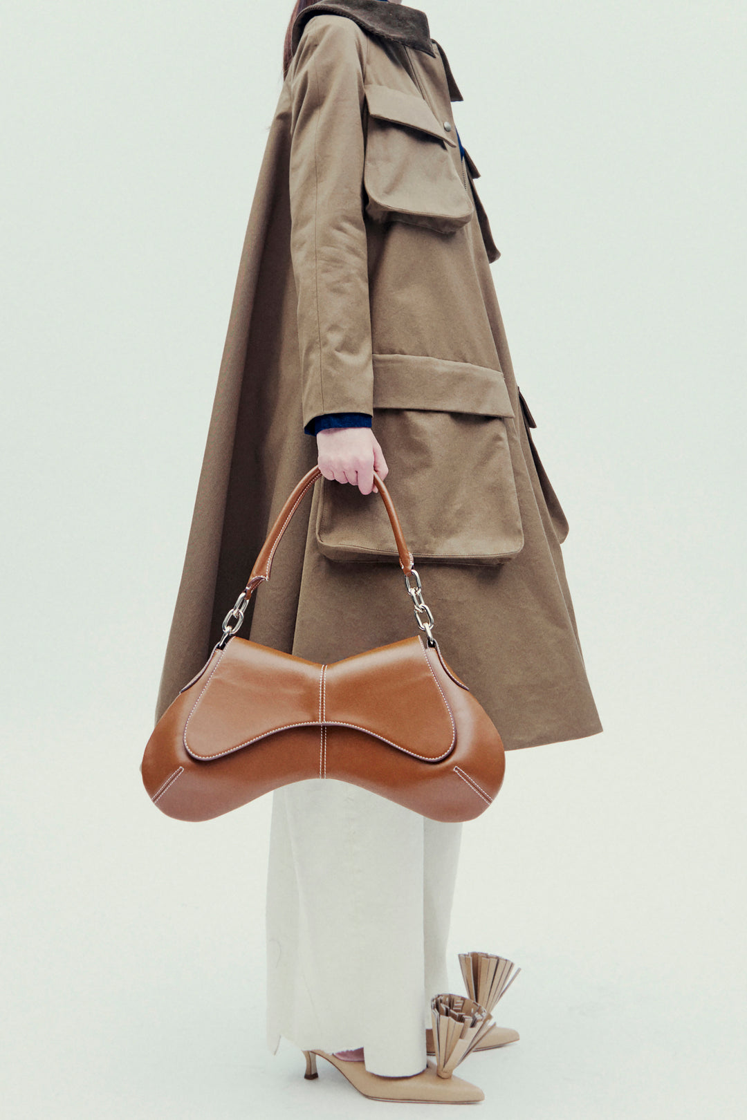 Long Flared Trench With Pockets Khaki Brown