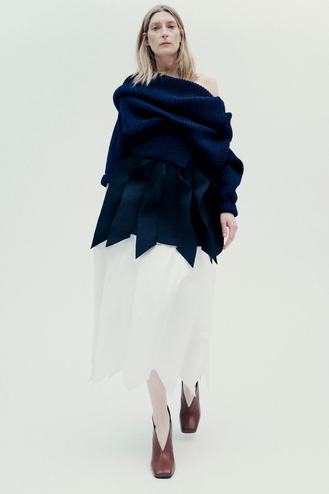 Off Shoulder Ribbed Sweater Navy