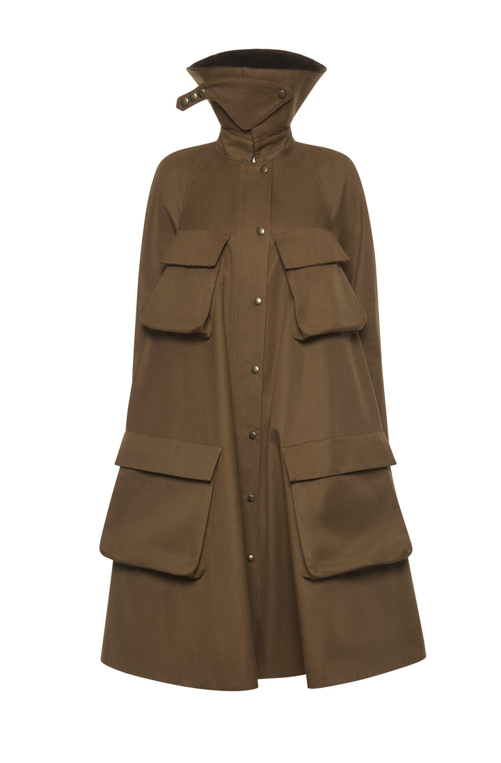 Long Flared Trench With Pockets Khaki Brown