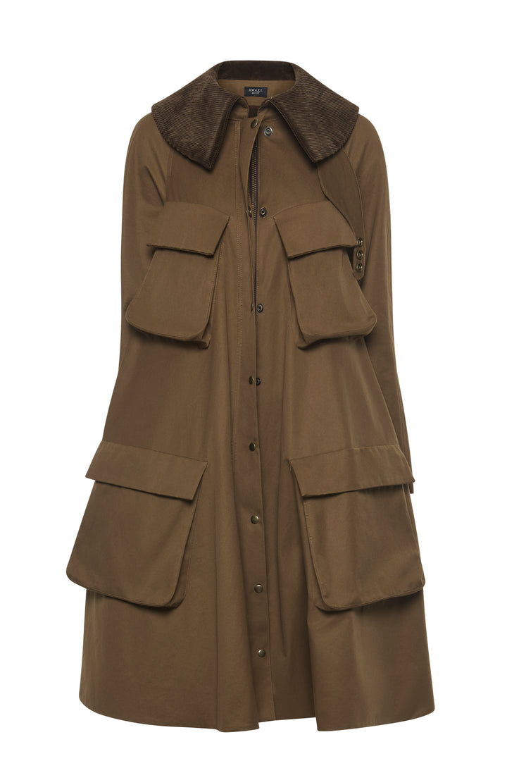 Long Flared Trench With Pockets Khaki Brown