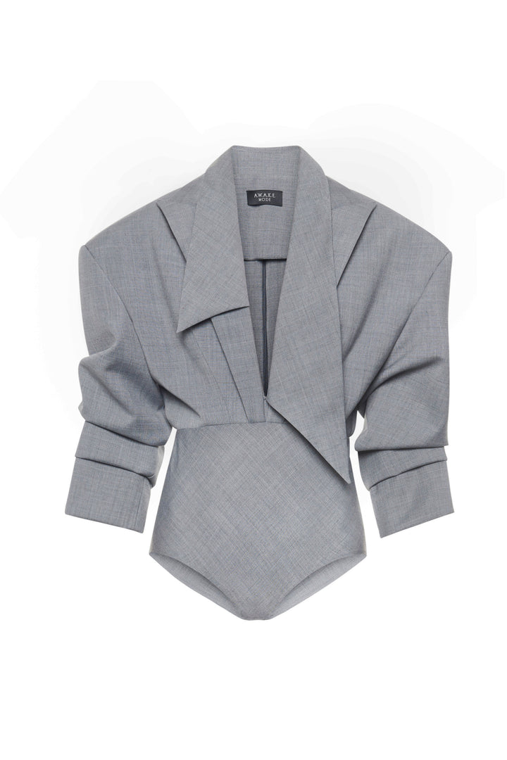 Tailored Bodysuit With Shirt Collar Insert Grey Melange