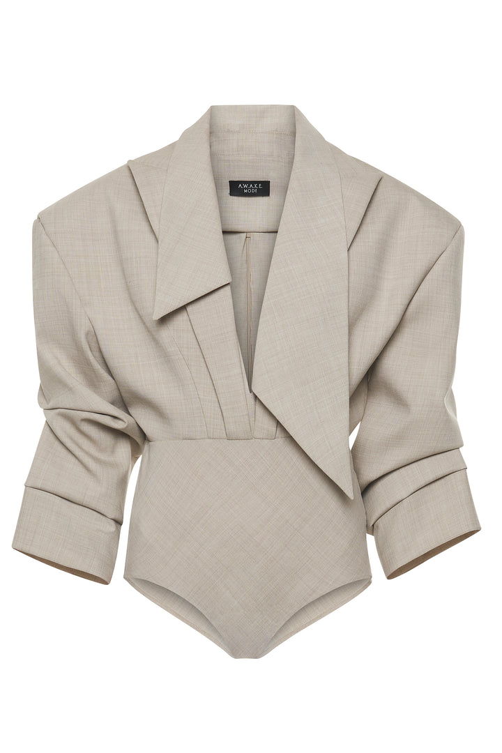 Tailored Bodysuit With Shirt Collar Insert Beige Melange