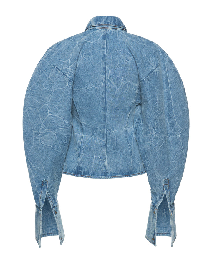 Acid Wash Denim Puff Sleeve Shirt Indigo Acid Wash