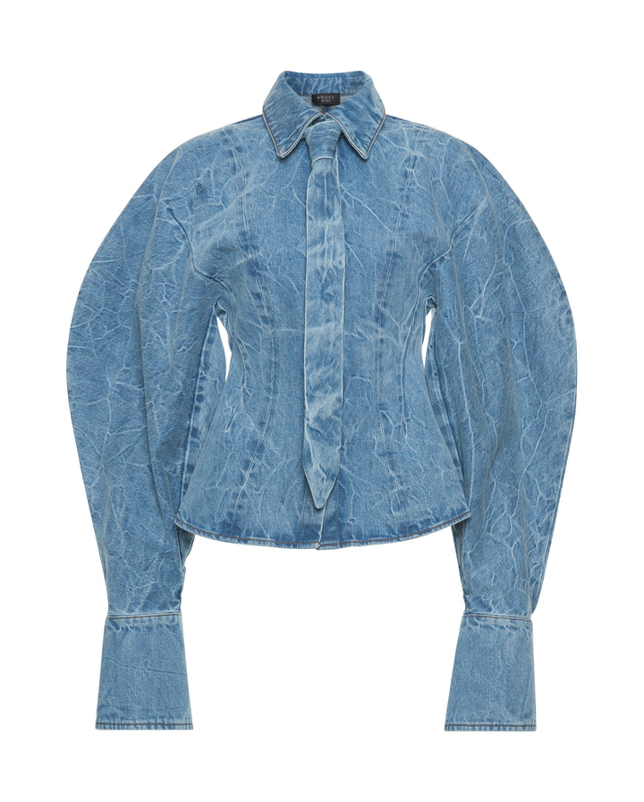 Acid Wash Denim Puff Sleeve Shirt Indigo Acid Wash
