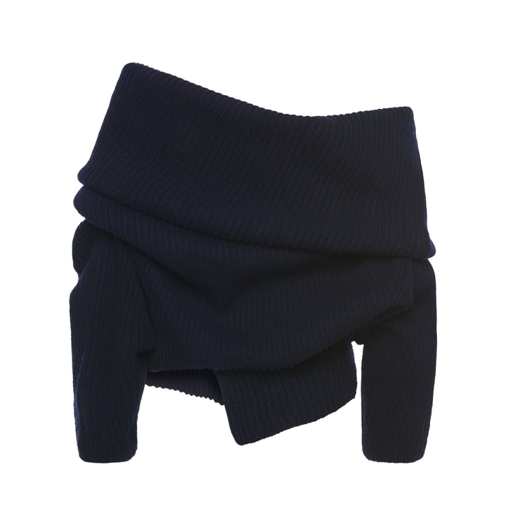 Off Shoulder Ribbed Sweater Navy