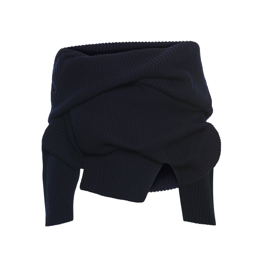 Off Shoulder Ribbed Sweater Navy