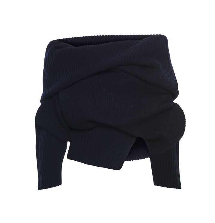 Off Shoulder Ribbed Sweater Navy