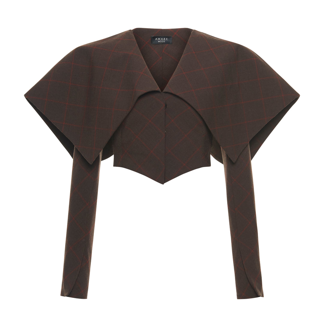 Cropped Jacket With Collar Brown Check