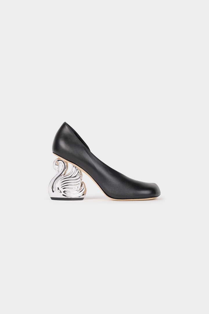 Christine Cousin Shoes With Swan Heel Black Silver Gold