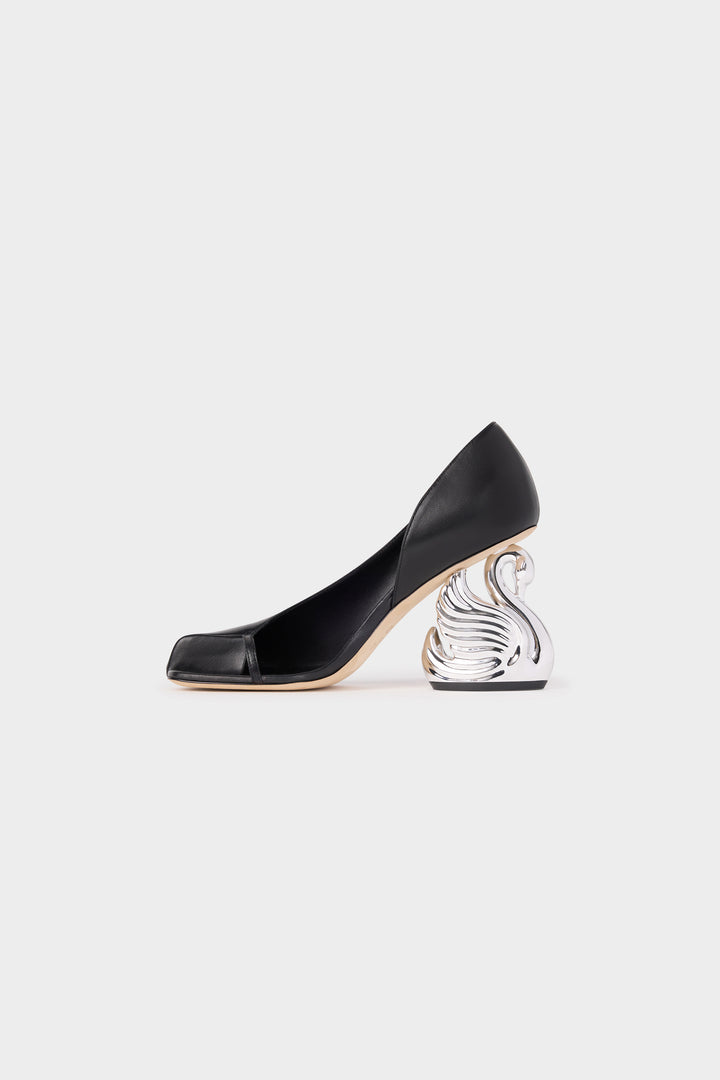 Christine Cousin Shoes With Swan Heel Black Silver Gold