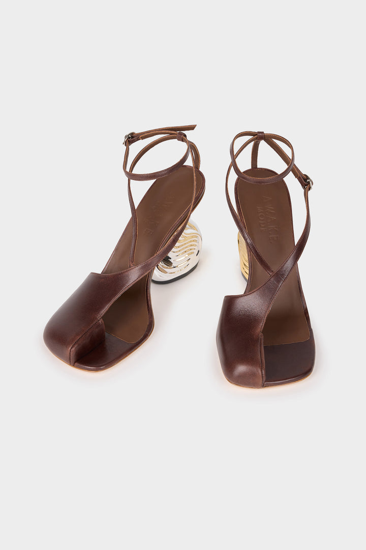 Christine Shoes With Swan Heel Brown Silver Gold