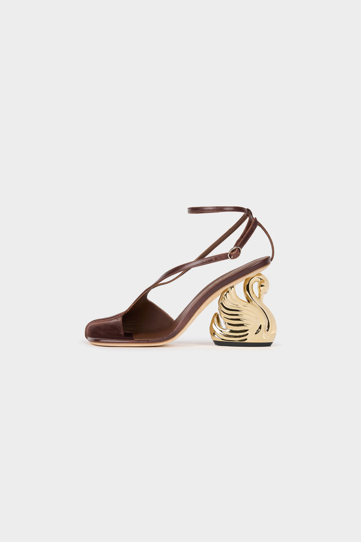 Christine Shoes With Swan Heel Brown Silver Gold