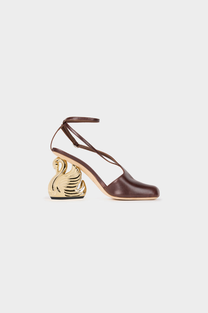 Christine Shoes With Swan Heel Brown Silver Gold
