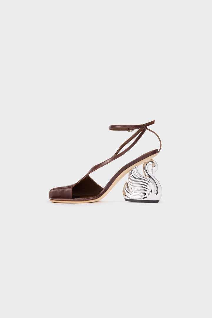 Christine Shoes With Swan Heel Brown Silver Gold