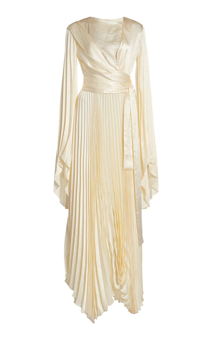 Wrap Around Maxi Dress With Pleated Skirt And Sleeves Ivory