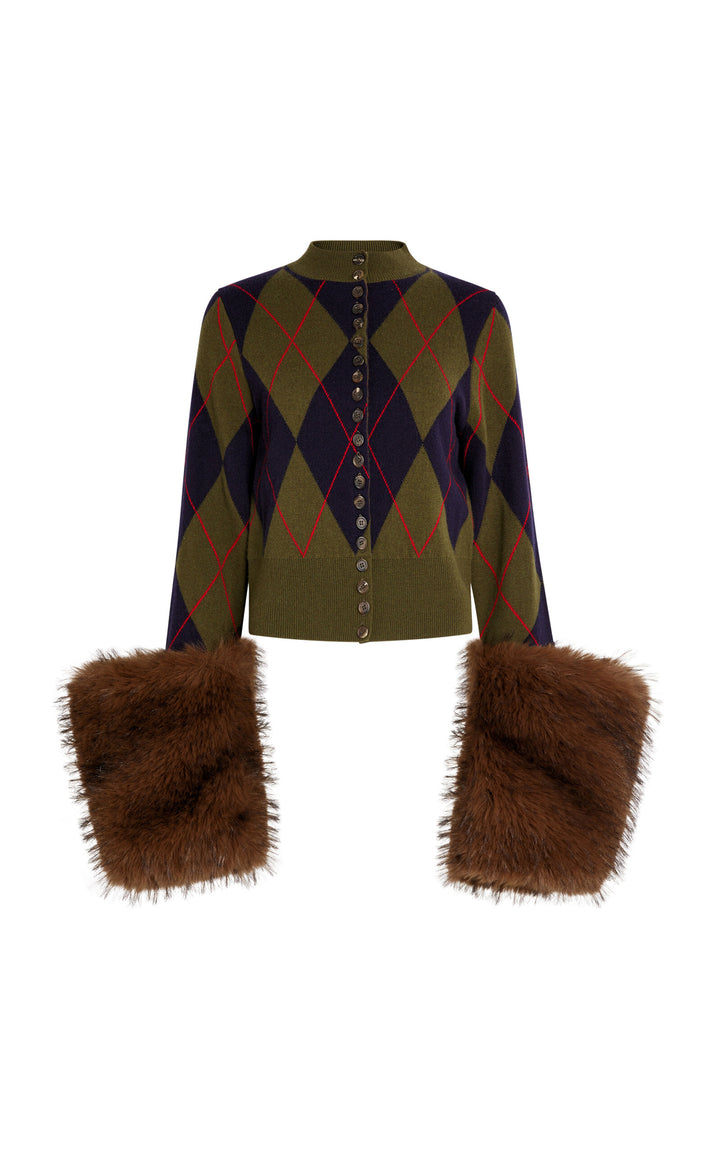Knitted Cardigan With Faux Fur Cuffs Navy Green Red Argyle Brown