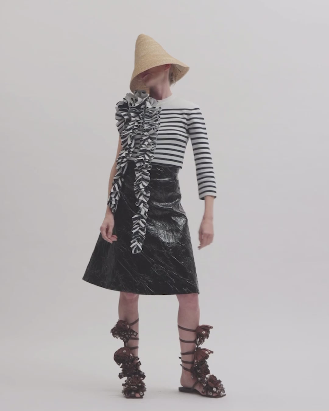 Knitted Fitted Top With Ruffle White Navy Striped