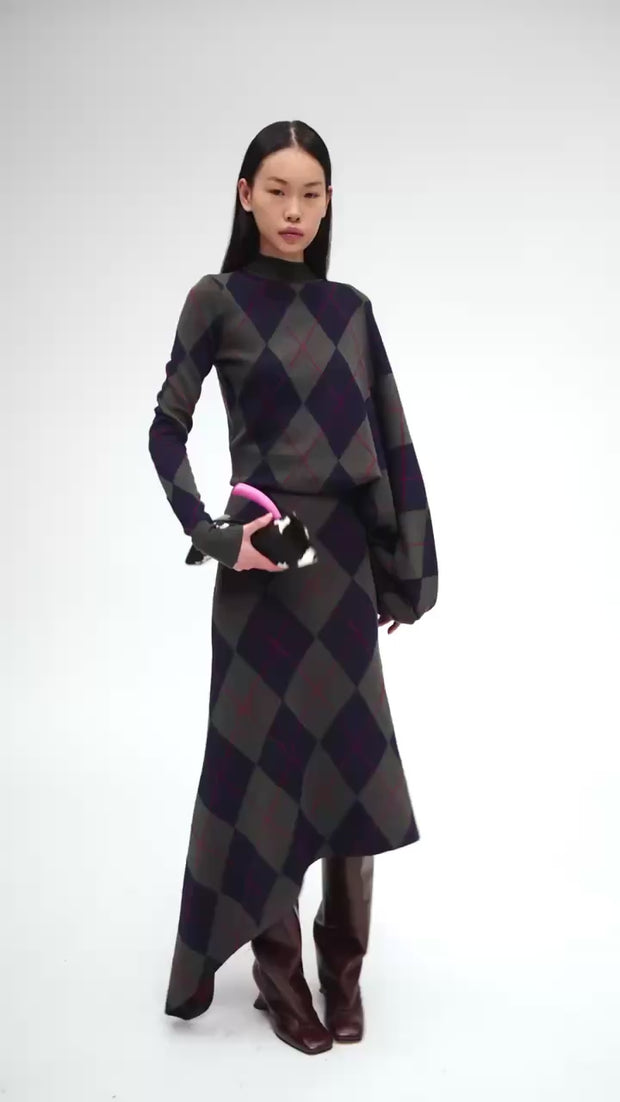 Argyle Knitted Dress Navy Green | Luxury Womenswear | A.W.A.K.E MODE   A.W.A.K.E. MODE