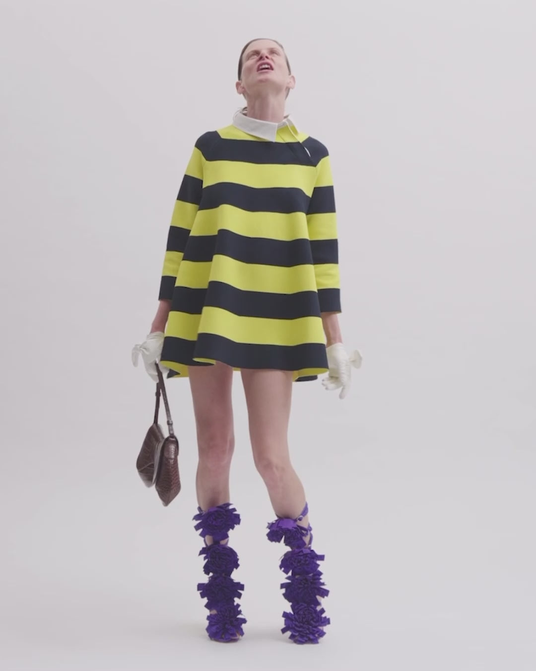 Knitted Flared Mini Dress With Asymmetric Collar Yellow Navy Striped