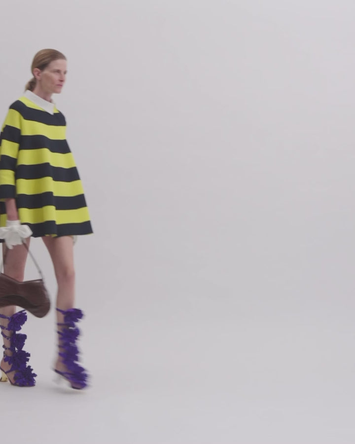 Knitted Flared Mini Dress With Asymmetric Collar Yellow Navy Striped