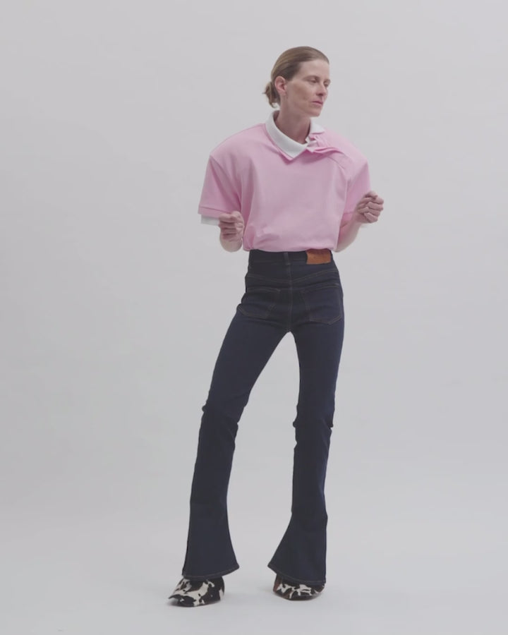 Fitted Stretch Flared Jeans With Side Slits Indigo Rinse Wash