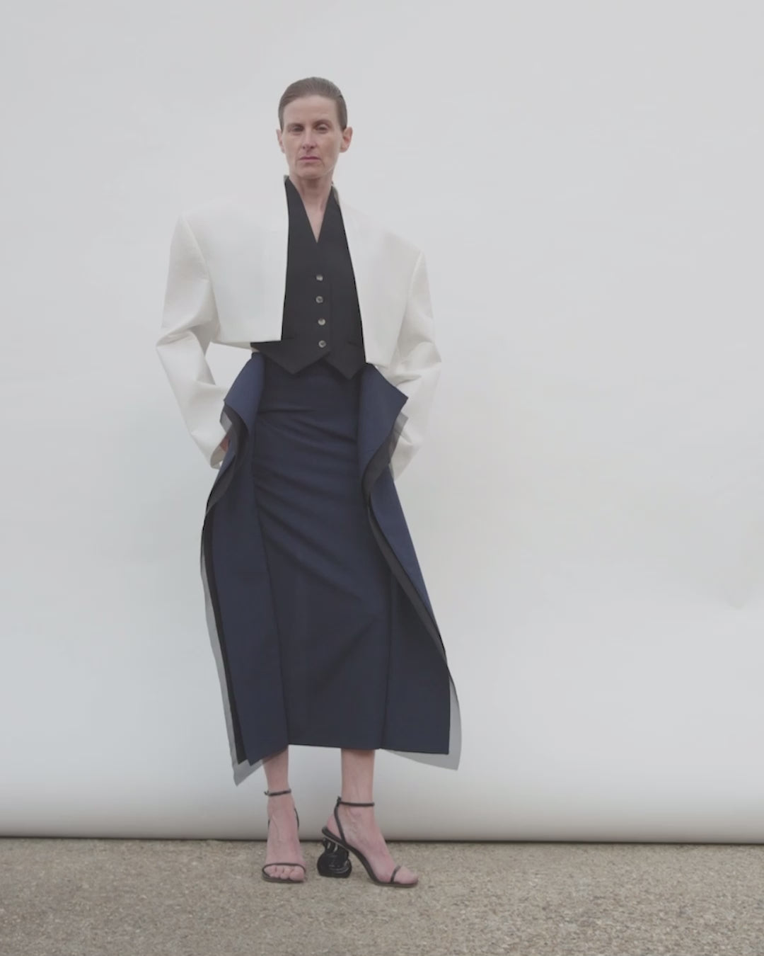 Midi High Waisted Panelled Skirt Navy