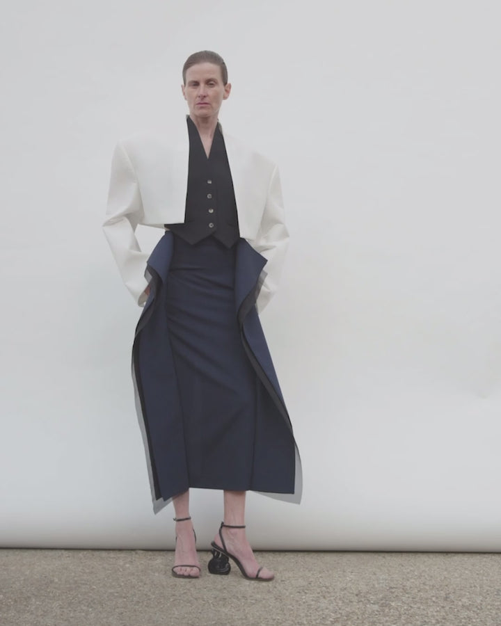 Midi High Waisted Panelled Skirt Navy