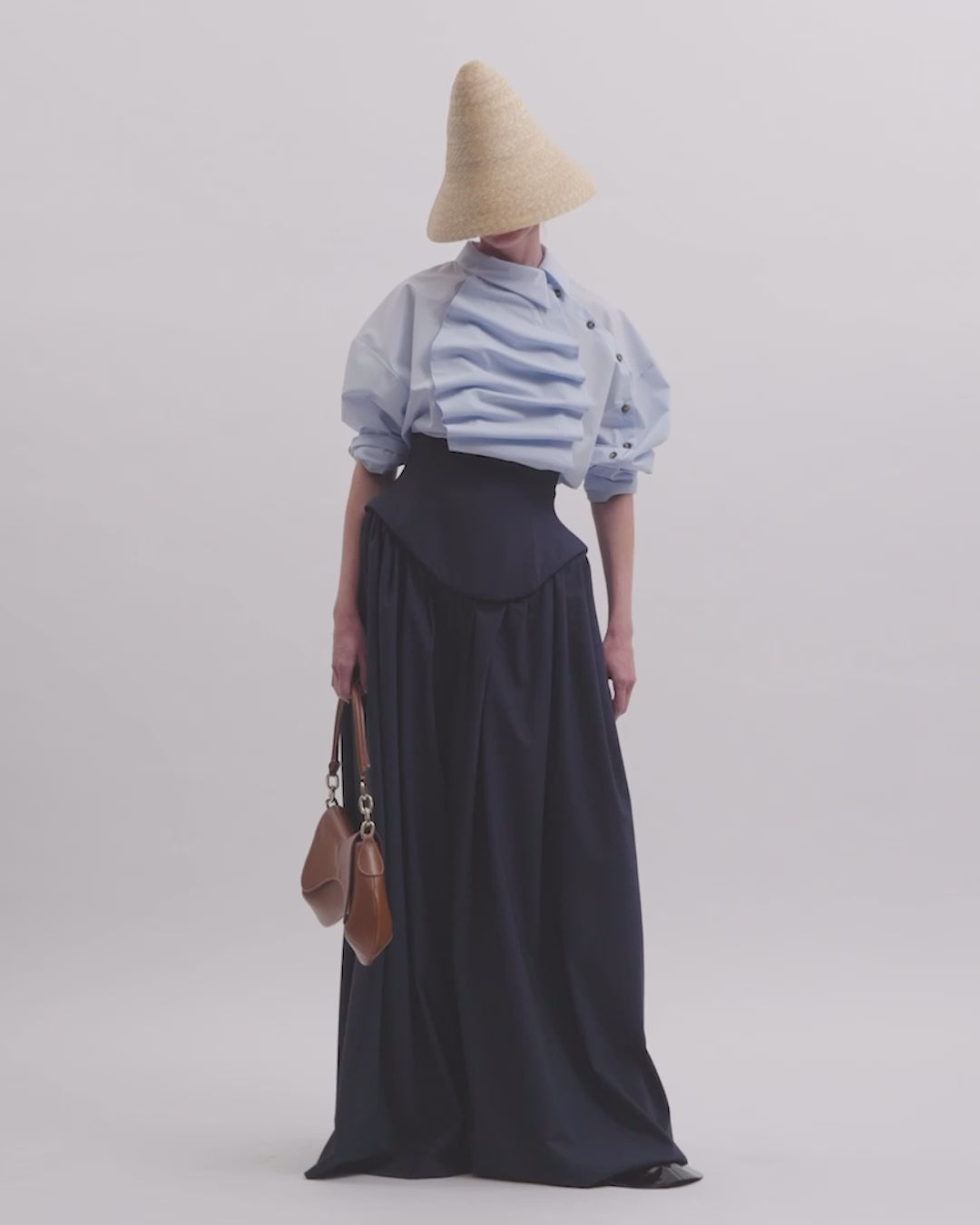 Voluminous Bib-Front Shirt Pale Blue