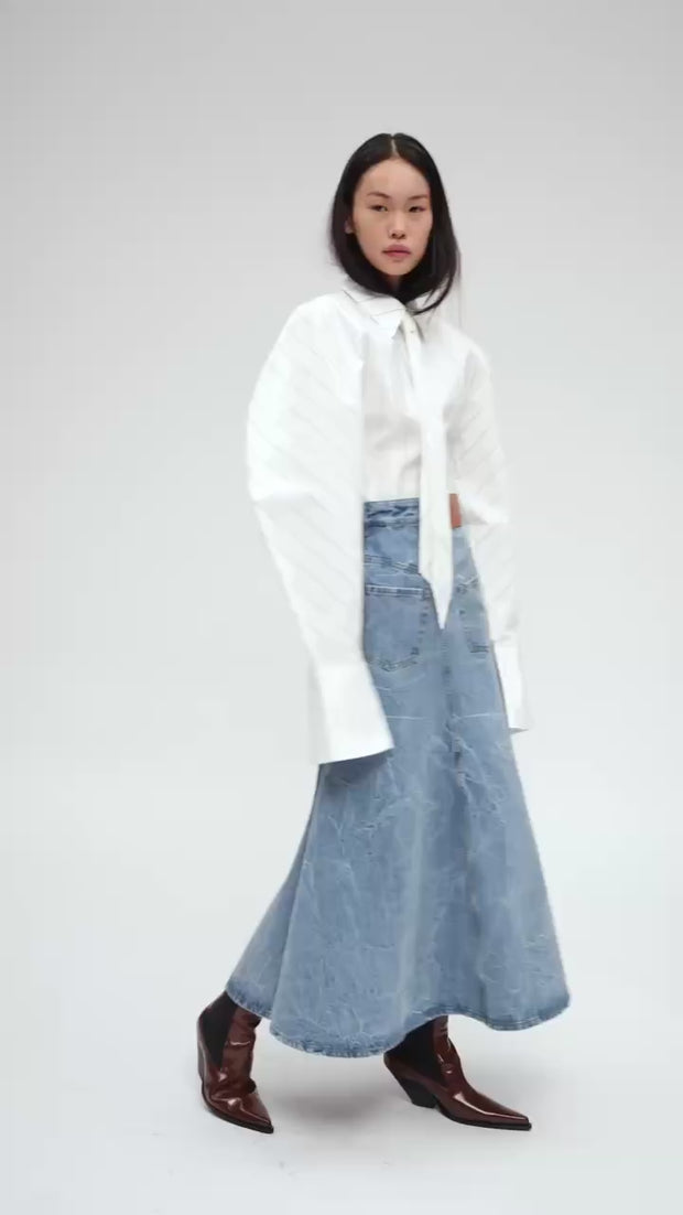 Puff Sleeve Shirt White Stripe | Luxury Womenswear | A.W.A.K.E