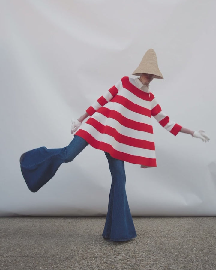 Knitted Flared Mini Dress With Asymmetric Collar Red White Striped