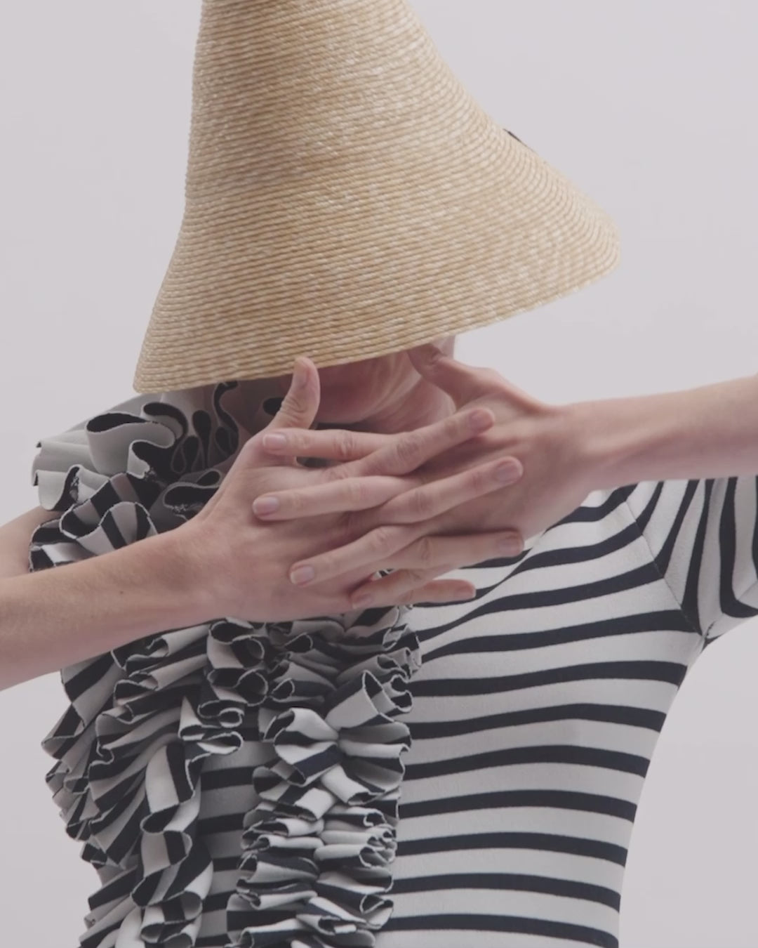 Knitted Fitted Top With Ruffle White Navy Striped