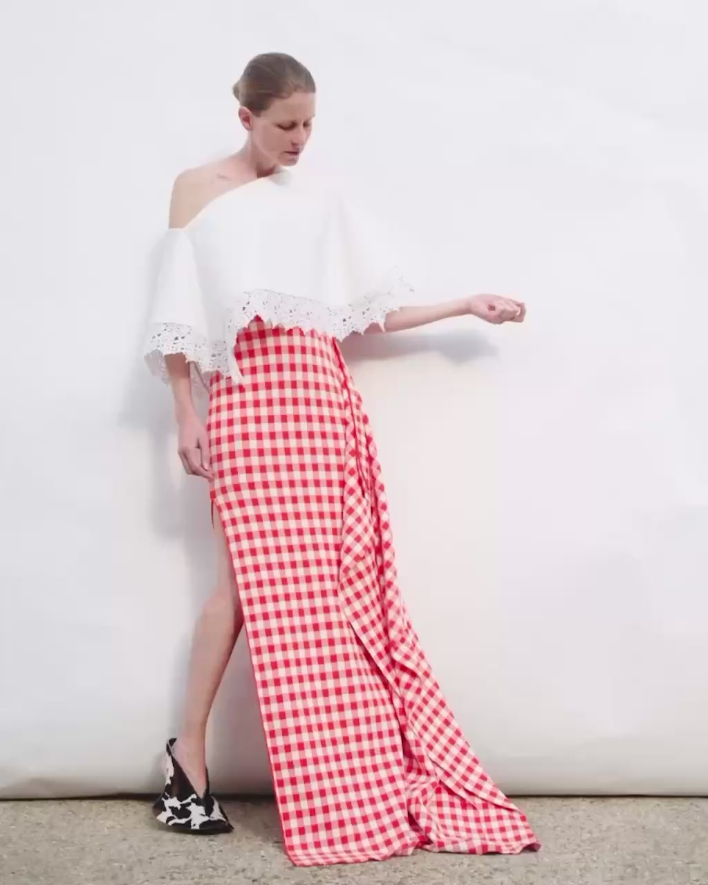 Knitted Fitted Maxi Skirt With Side Panel Red White Gingham