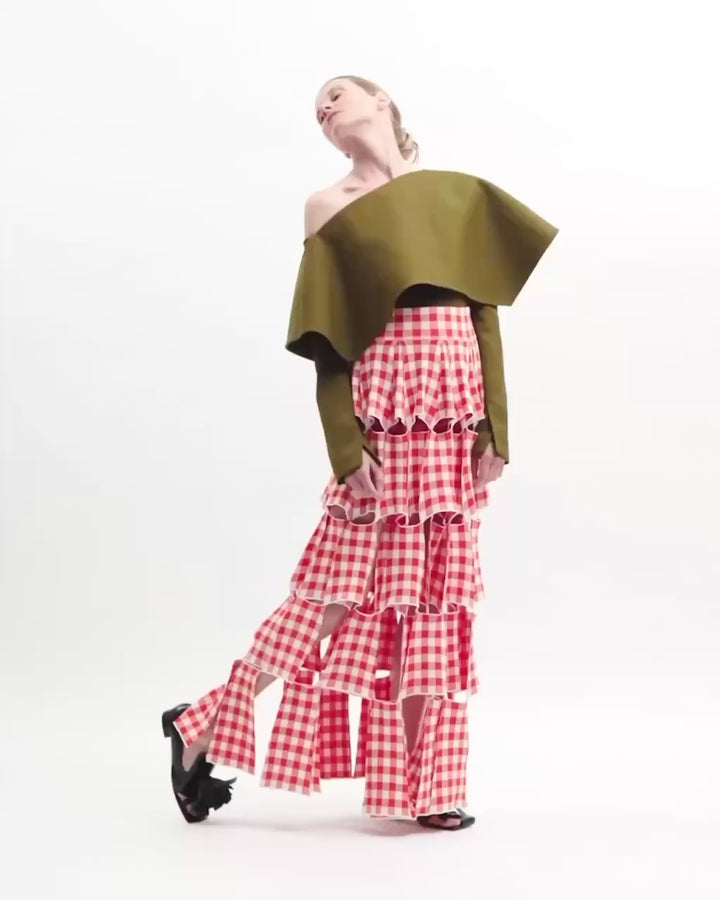 Knitted Multi Trapeze Skirt Red White Gingham