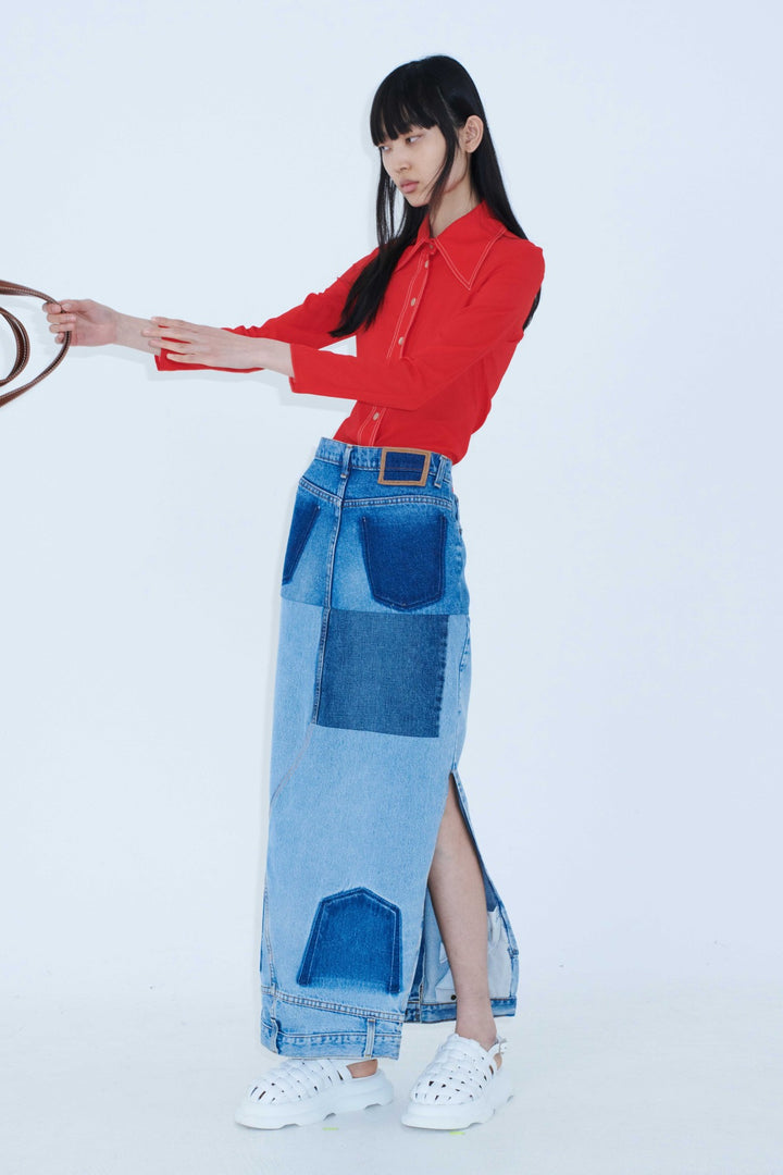 Upcycled Denim Mirror Effect Skirt Blue Denim
