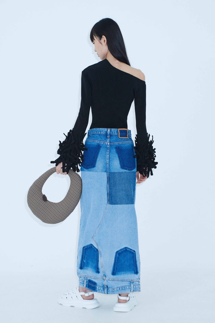 Upcycled Denim Mirror Effect Skirt Blue Denim