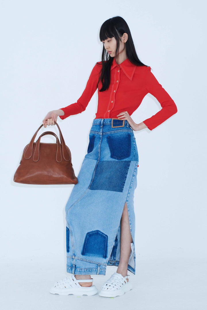 Upcycled Denim Mirror Effect Skirt Blue Denim